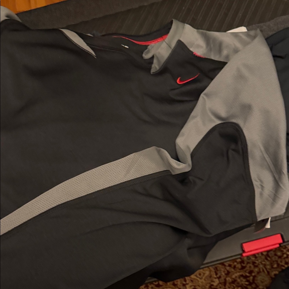 Nike Black and Gray Sports Tee with Red Logo